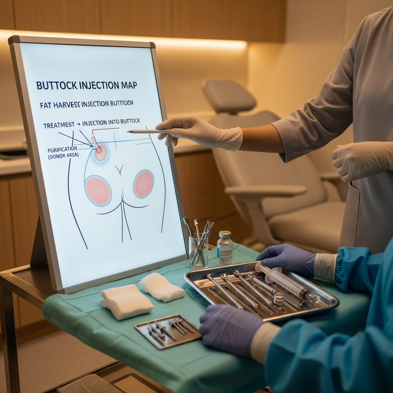 Fat grafting to buttock results concept card with smooth contour and recovery timeline imagery