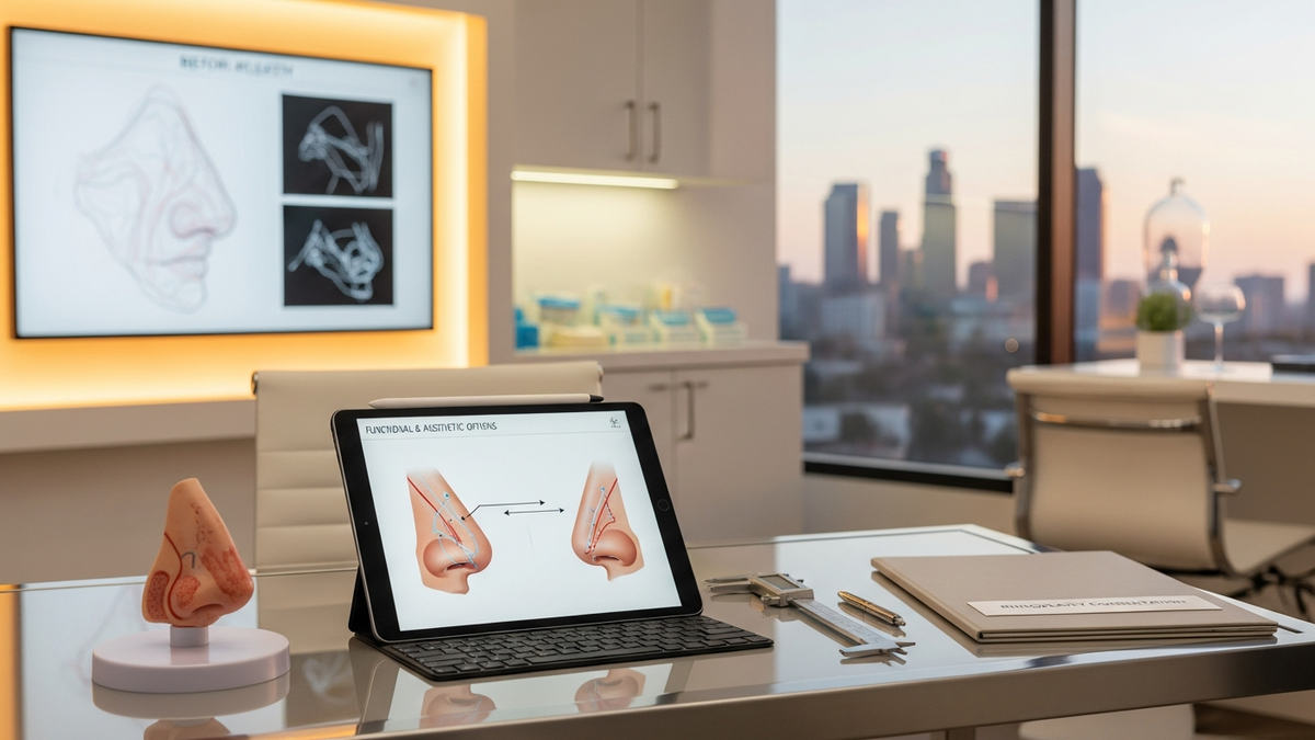 Nose job rhinoplasty surgery consultation in Los Angeles showing a surgeon discussing functional and aesthetic nasal goals with a patient
