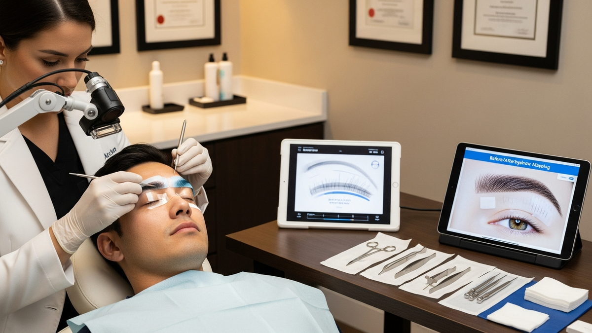 Male eyebrow transplant results guide showing natural eyebrow shape and facial framing in a premium clinical setting