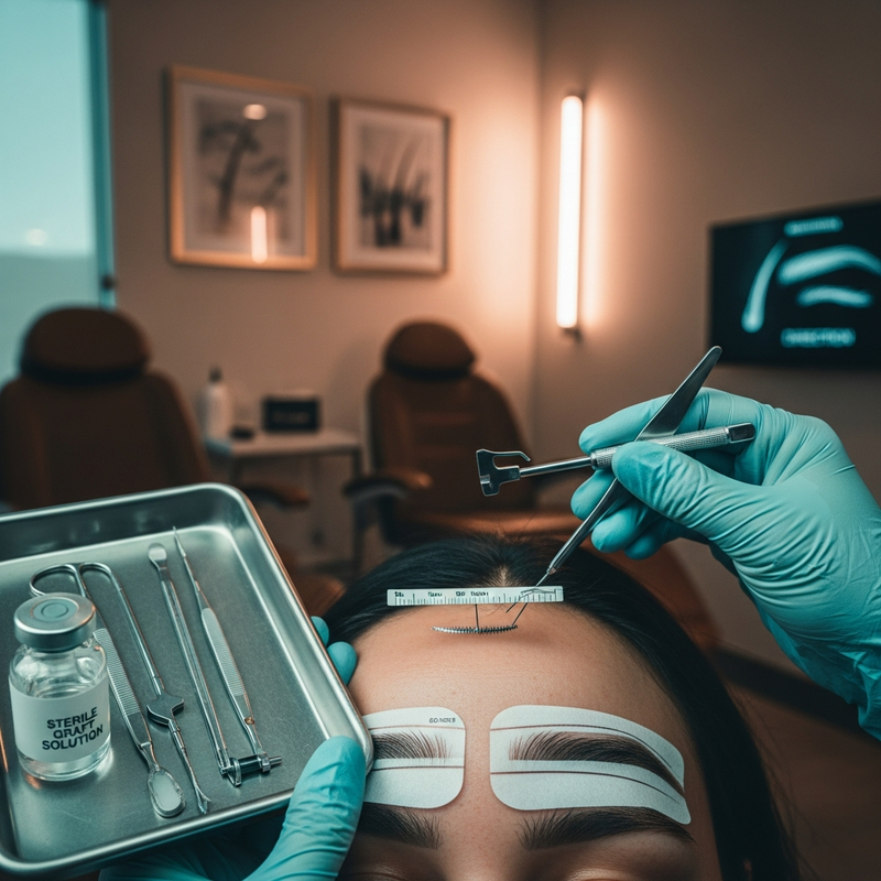 Close-up of eyebrow transplant planning for dr diamond eyebrow transplant—brow mapping and hairline direction