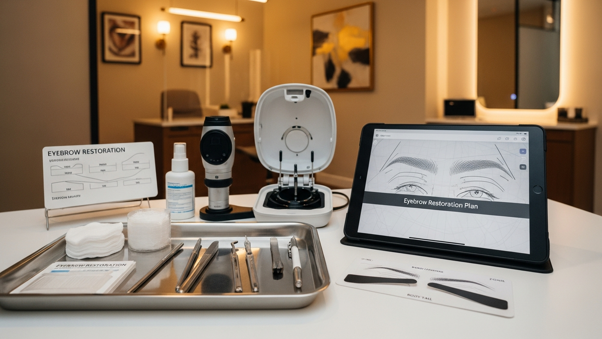 Jen Atkin eyebrow transplant concept image featuring natural eyebrow restoration design and facial symmetry, FlowGeniQ Digest style