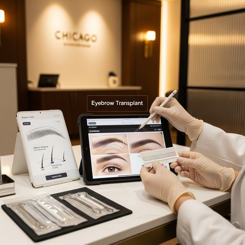 Eyebrow transplant Chicago informational card image featuring eyebrow mapping and natural hairline restoration visual