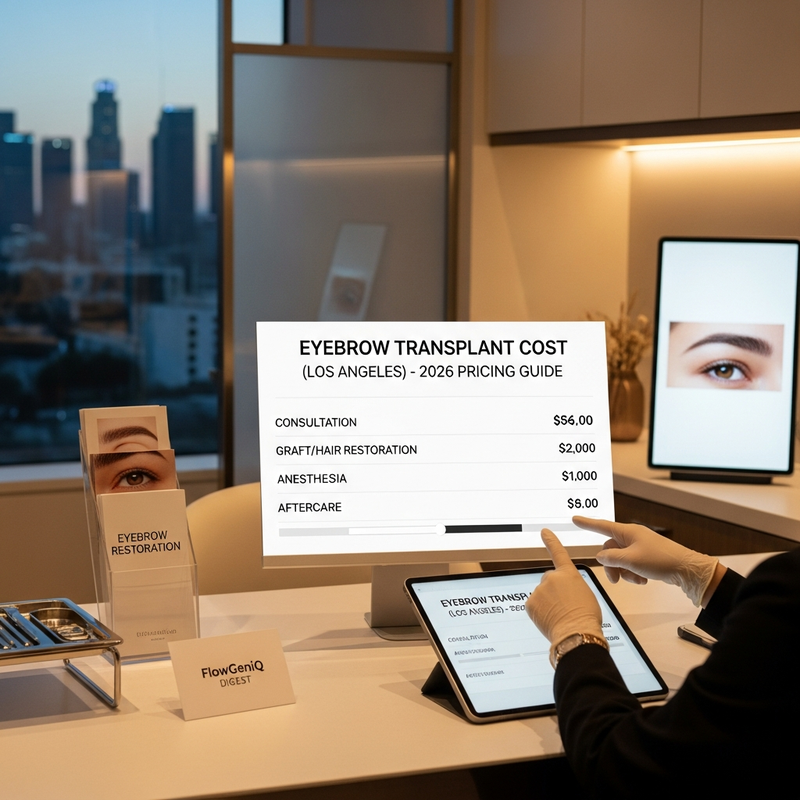 Eyebrow transplant cost Los Angeles infographic-style card about pricing factors, graft planning, and natural brow results