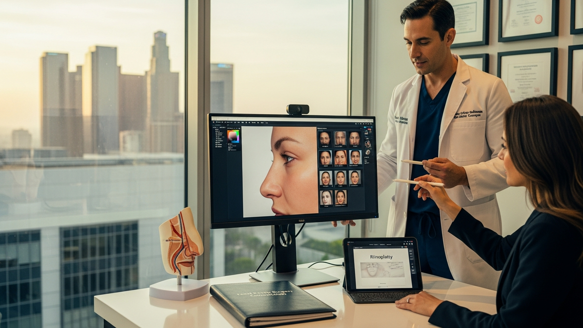 Rhinoplasty Los Angeles consultation with a board-certified facial plastic surgeon discussing natural nose reshaping and breathing function