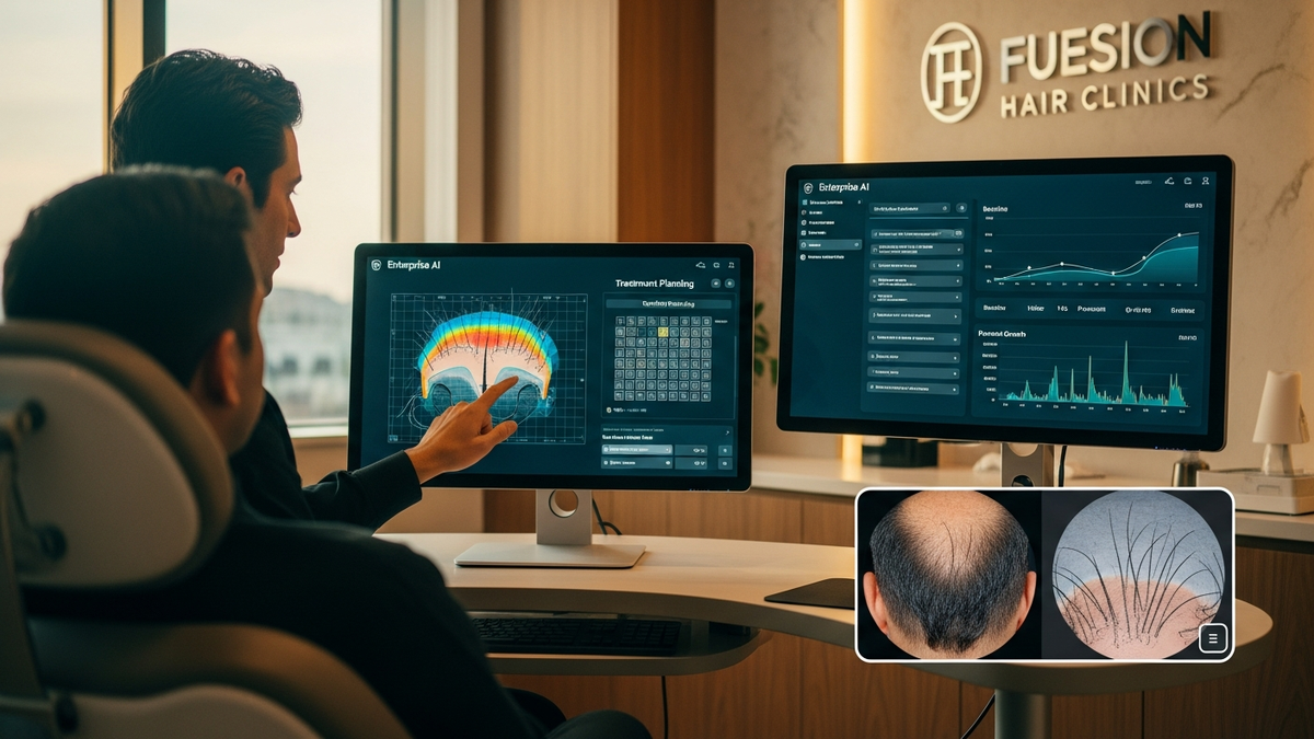 Enterprise AI concept for hair restoration precision planning at FUEsion Hair Clinics with digital scalp and genetic data visualization