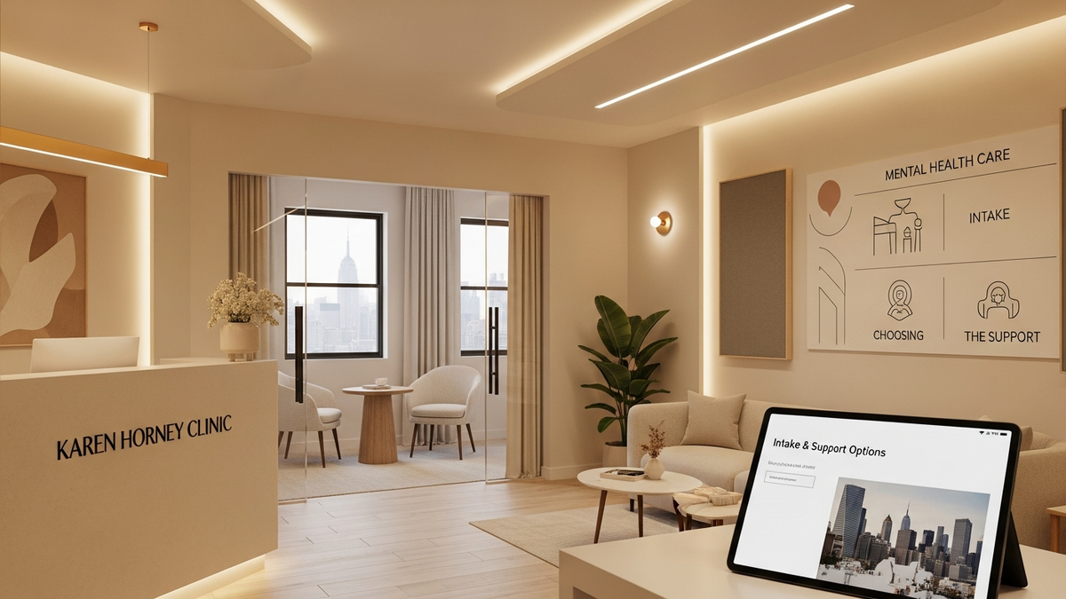 Karen Horney Clinic New York NY guide hero image showing a calm city clinic setting and welcoming mental health care atmosphere
