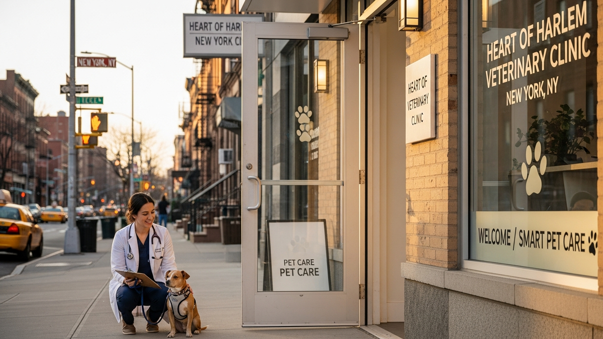 Heart of Harlem Veterinary Clinic New York NY exterior view with signage and street setting