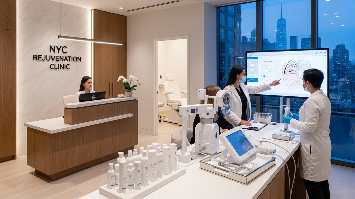 NYC rejuvenation clinic New York NY exterior view with modern wellness aesthetic and informational signage