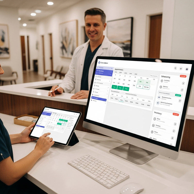 Clinic management software card graphic highlighting appointment scheduling, patient intake, and secure records