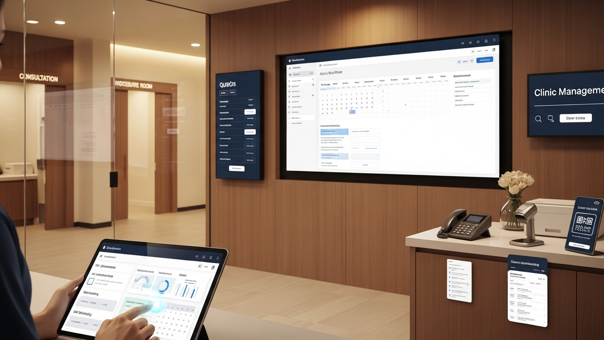 Software for clinic management dashboard showing scheduling, patient records, and billing workflows in a healthcare setting