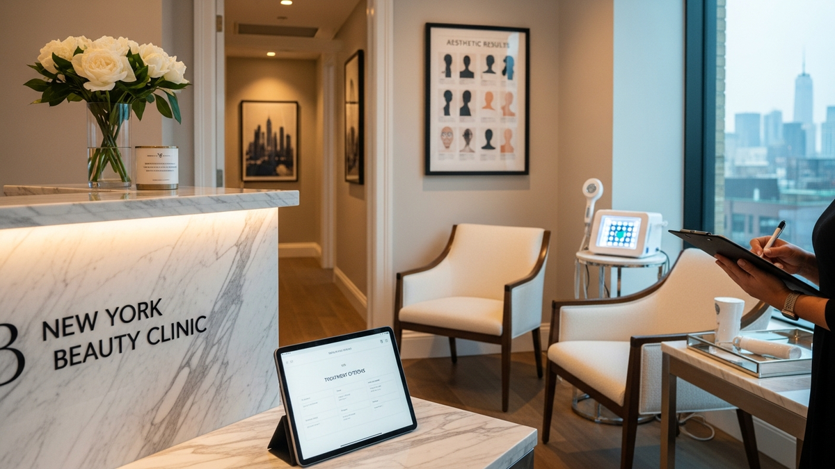 New York beauty clinic consultation setting with patient and clinician discussing treatment plan in a modern clinic