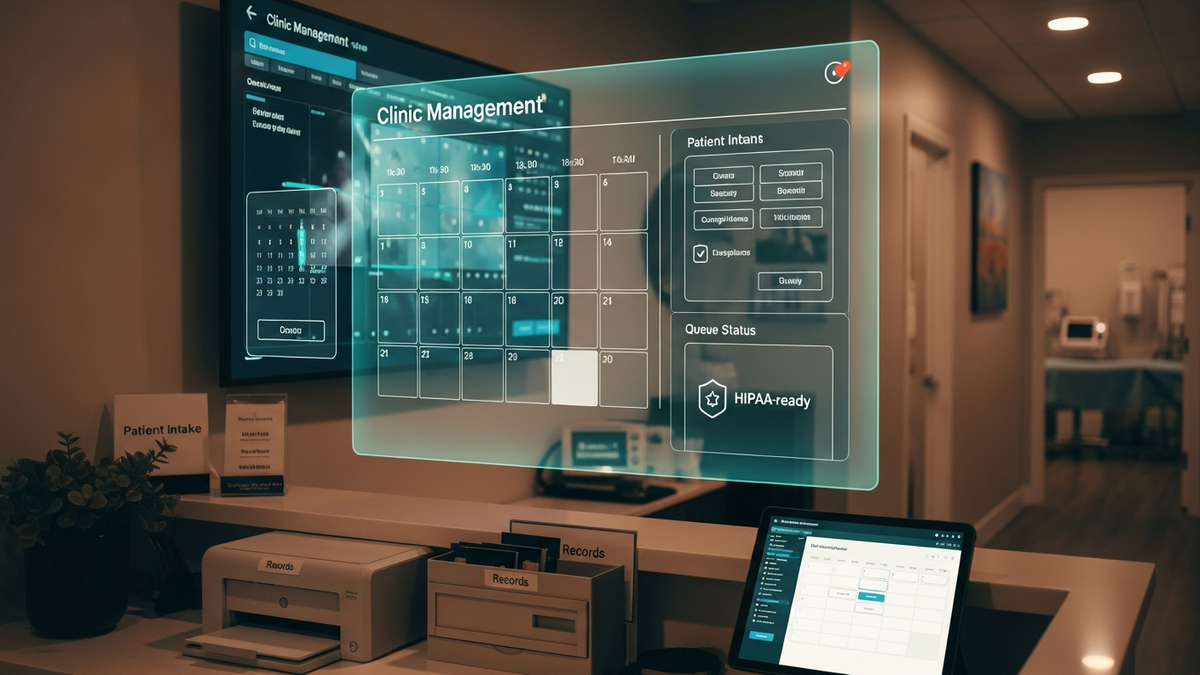 Clinic management software dashboard showing patient scheduling, intake forms, secure messaging, and compliance reporting in a modern healthcare setting