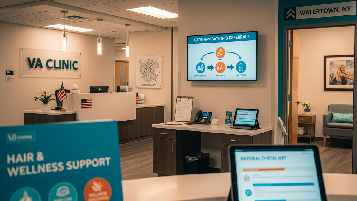A calm clinic exterior in Watertown, New York with informational signage representing a va clinic watertown new york care navigation guide.